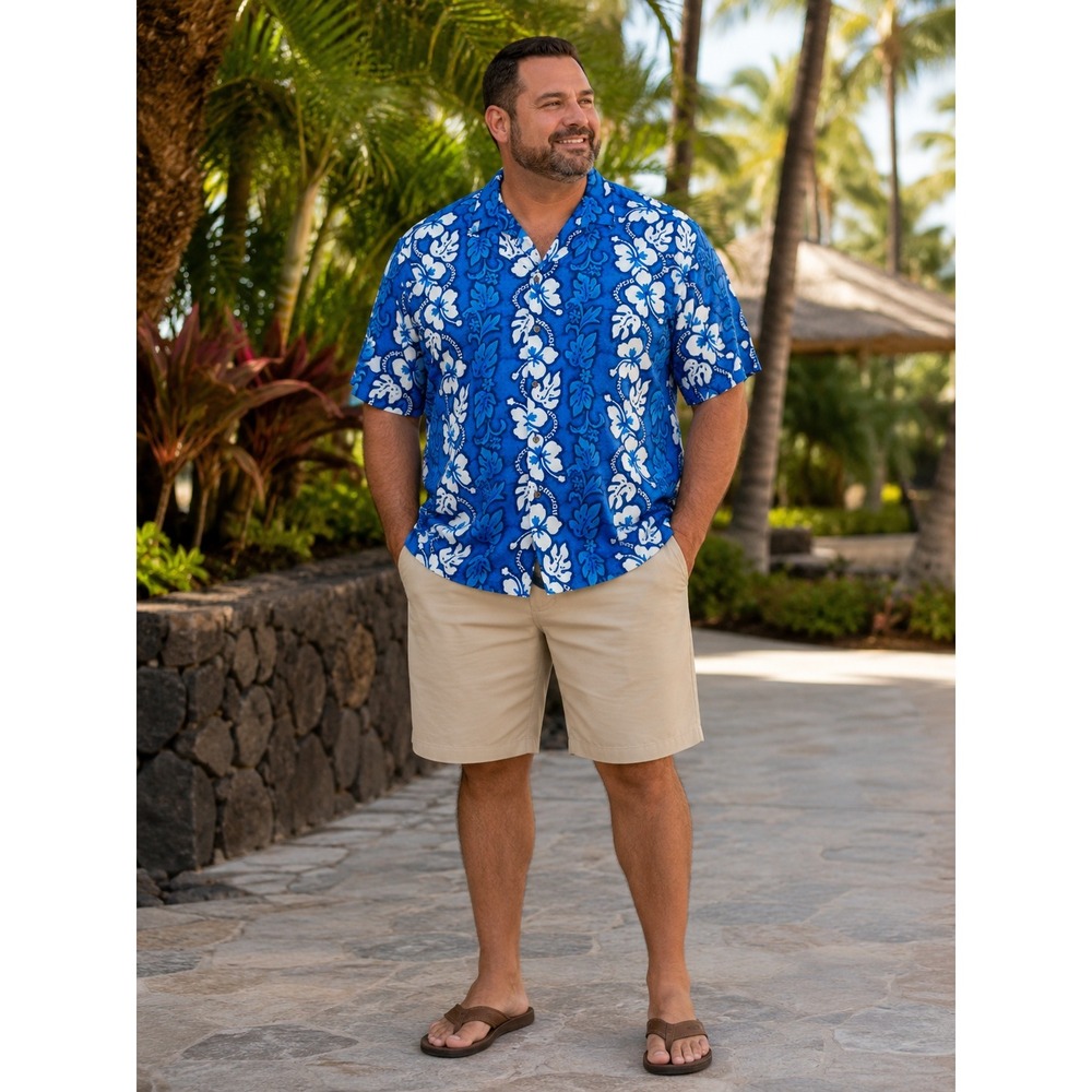 KY'S Made in Hawaii Aloha Shirt Mens L Blue Hibiscus‎ NetApp Pivot Tech Tropical